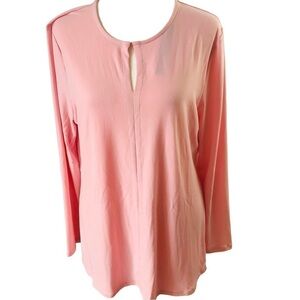 NEW Tahari Popover Tunic Top Women M Pink Round Neck with V Long Sleeves